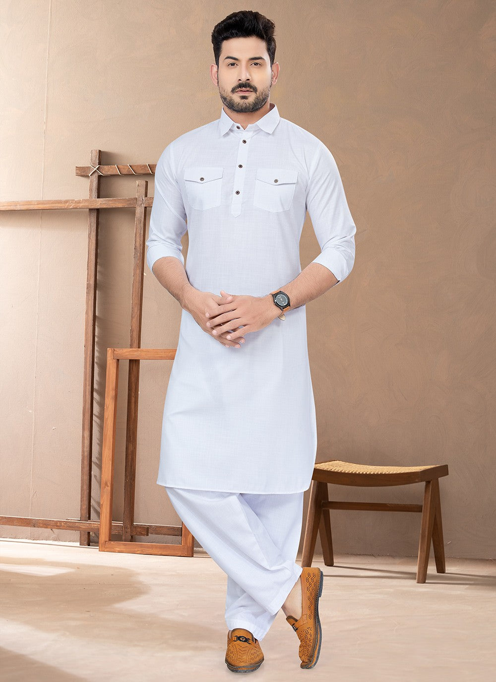 Plain Cotton White Kurta Pyjama - M6484