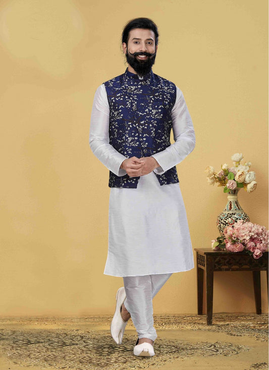 Printed Art Dupion Silk White Kurta Payjama With Jacket - M1715