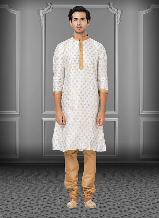 Printed Dupion Silk White Kurta Pyjama - M3656