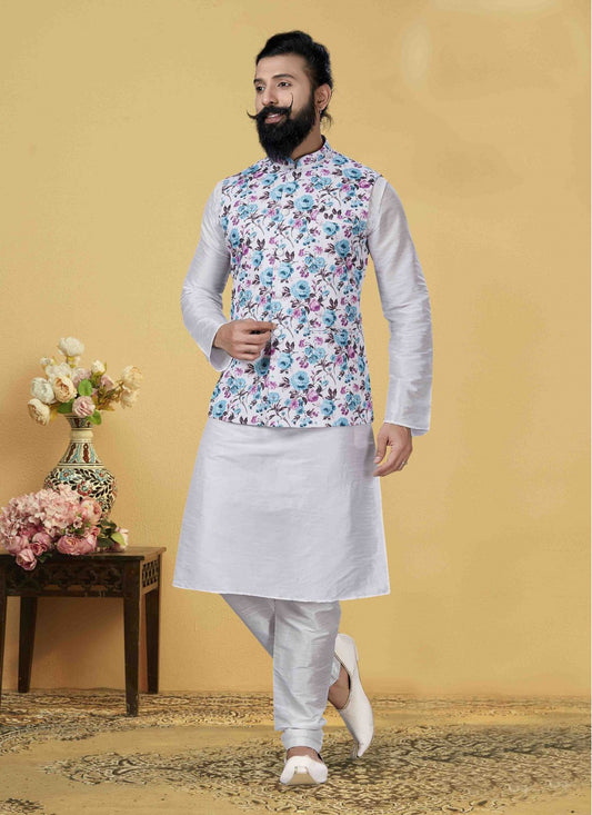 Printed Art Dupion Silk White Kurta Payjama With Jacket - M1720