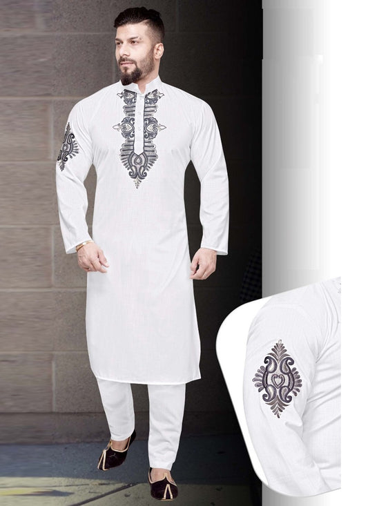 Resham Cotton White Kurta Pyjama - M2200