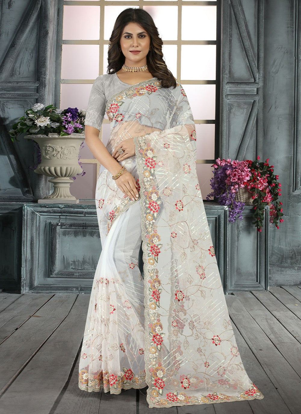 Saree Embroidered Net Saree - S3017