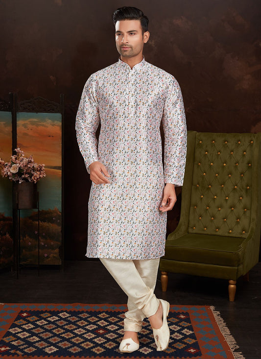 Digital Print Silk White Kurta Pyjama - M3397