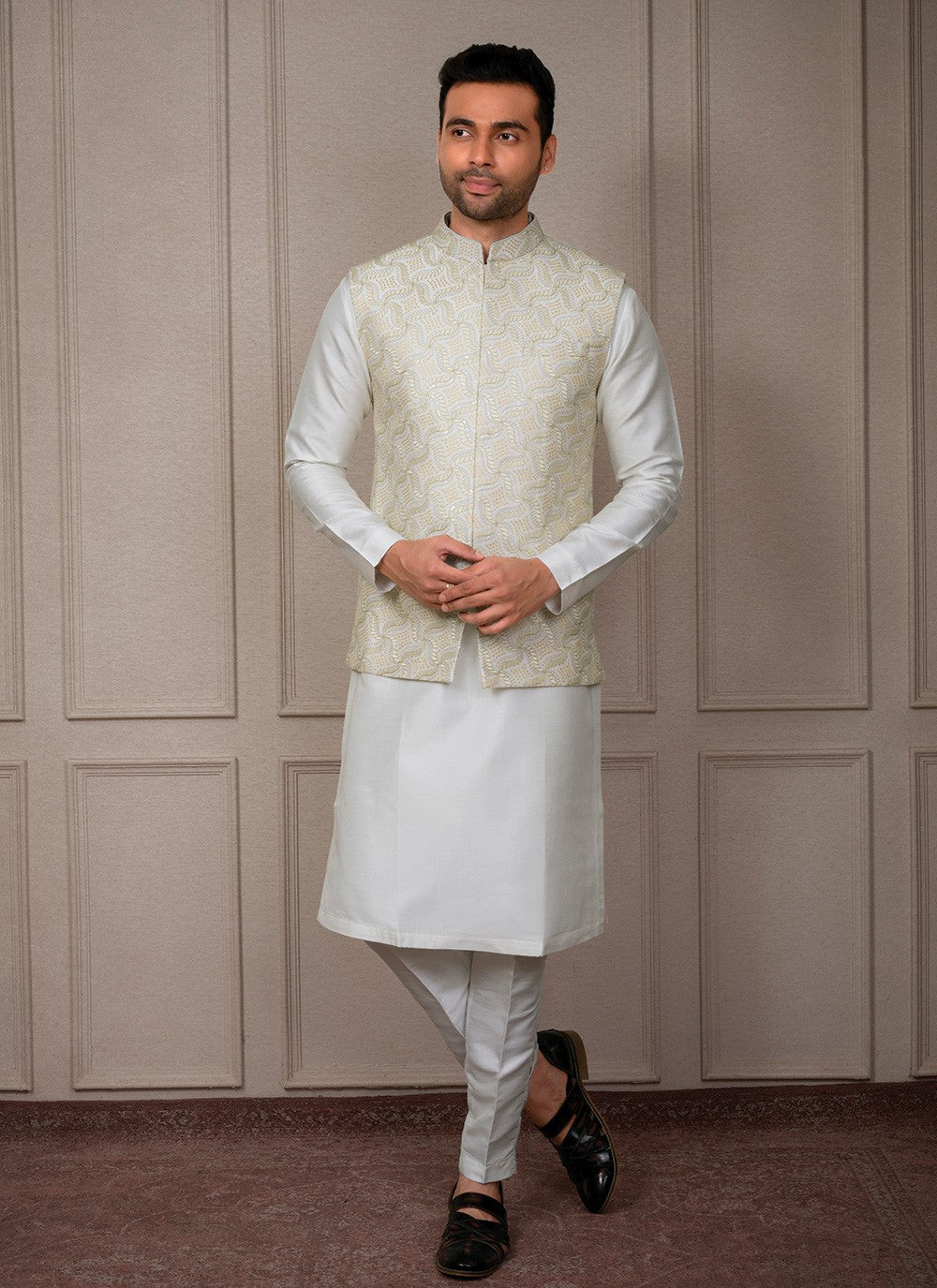 Embroidered Silk White Kurta Payjama With Jacket - M8362