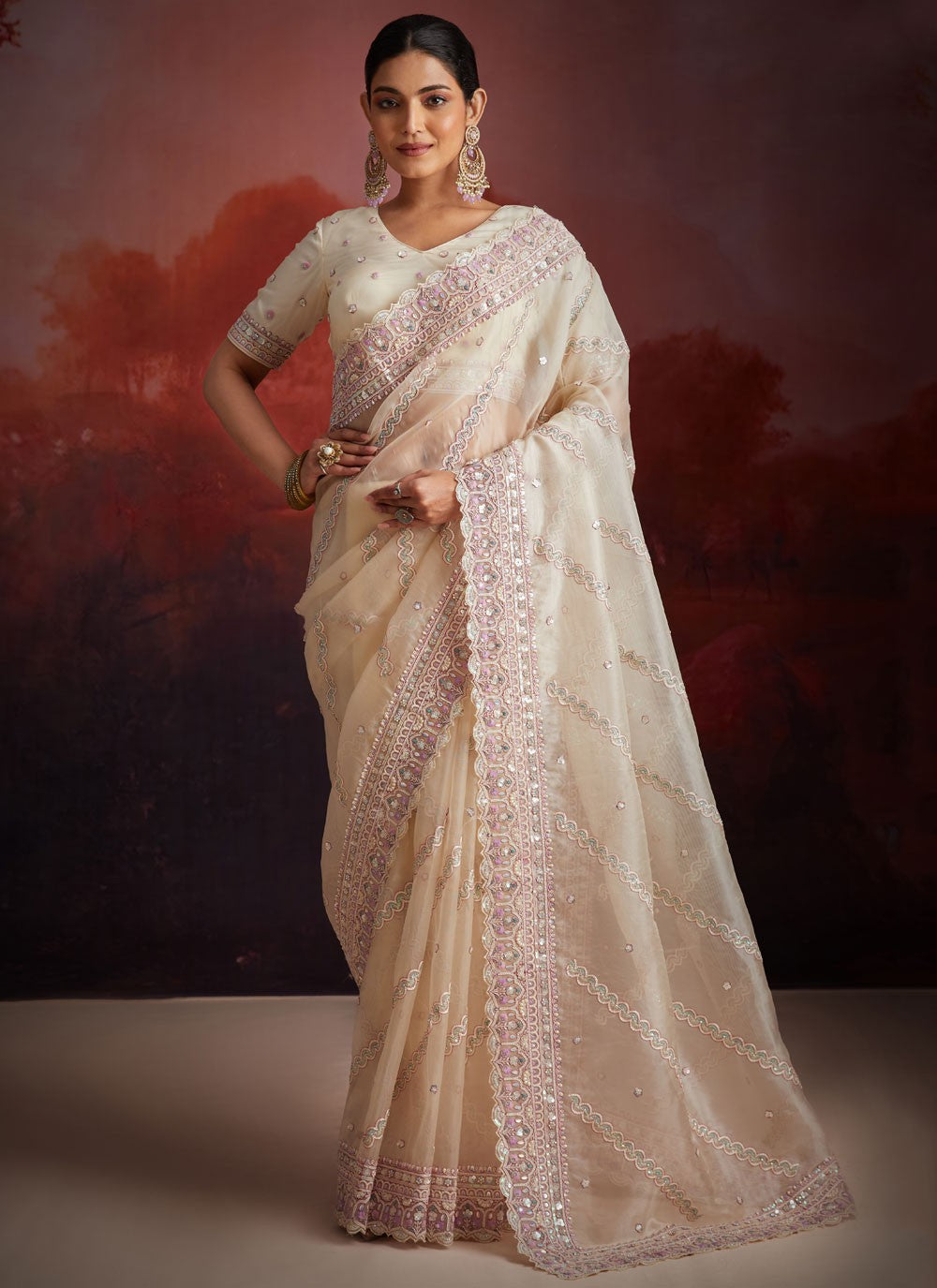 Cutdana, Embroidered, Sequins, Thread Organza Saree - S12047