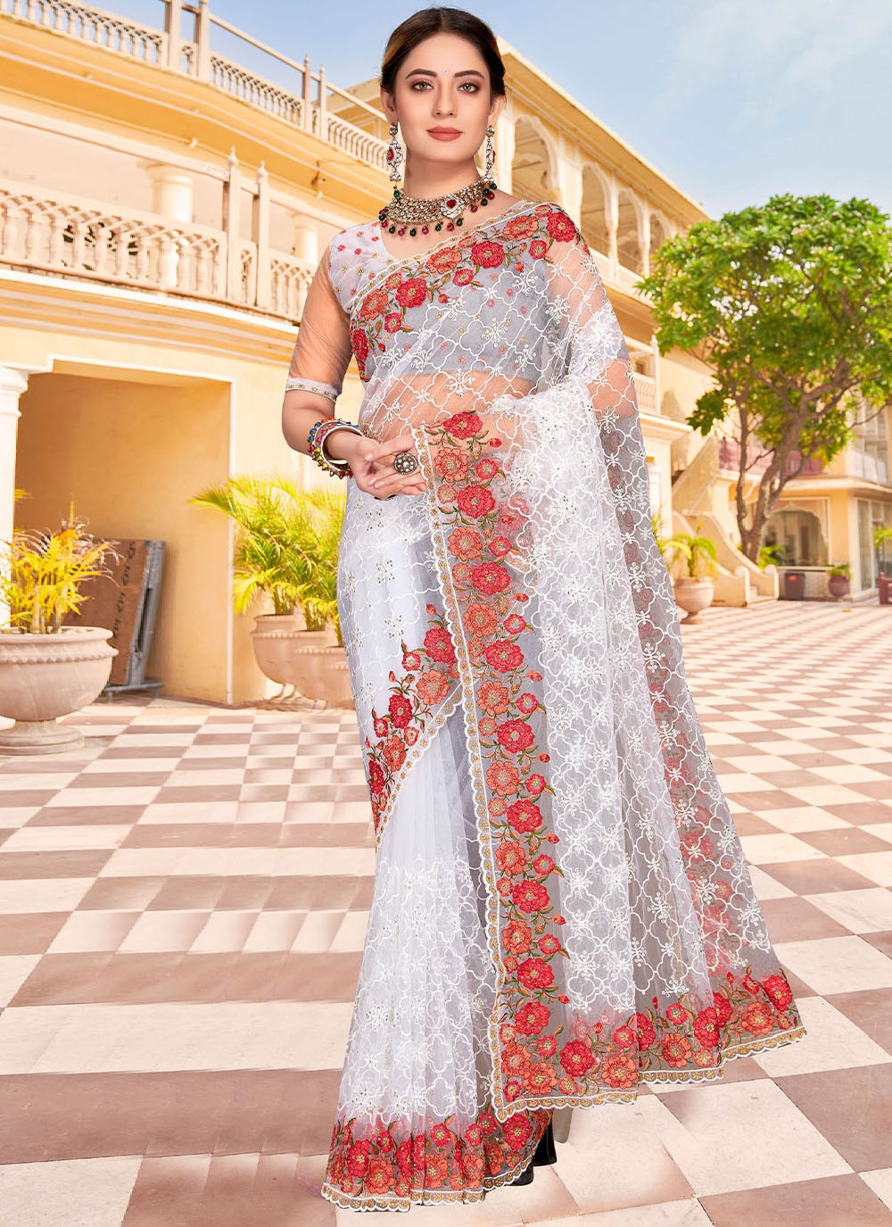 Contemporary Embroidered Net Saree - S2453