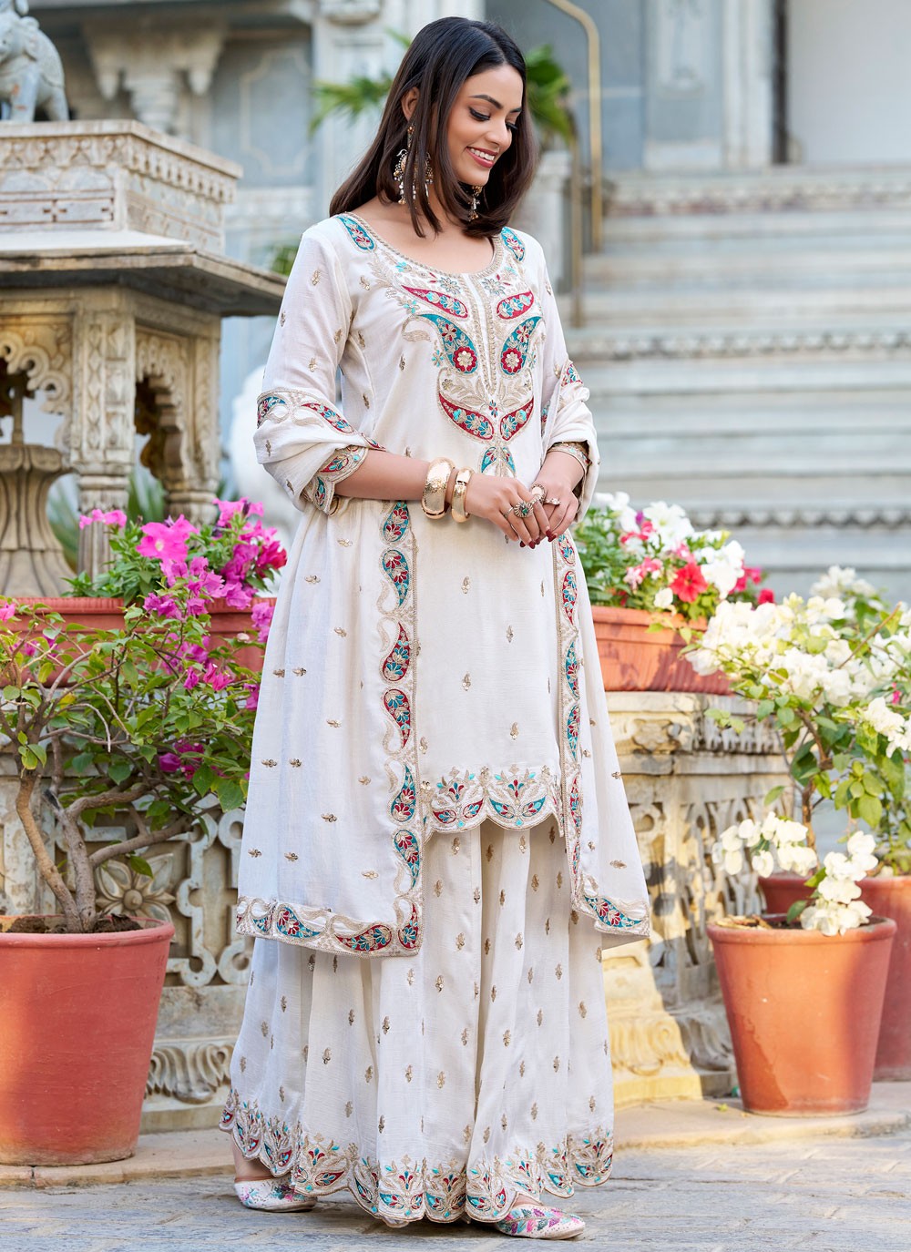 Embroidered Vichitra Silk Palazzo Suit - T4746