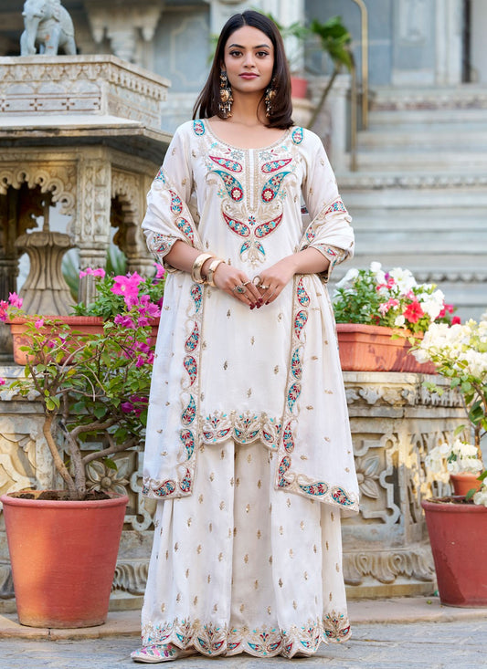 Embroidered Vichitra Silk Palazzo Suit - T4746