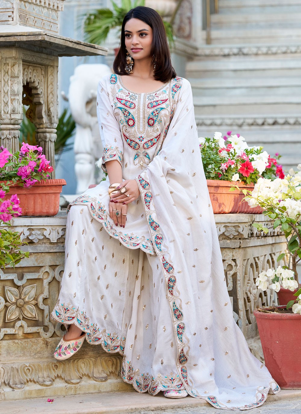 Embroidered Vichitra Silk Palazzo Suit - T4746