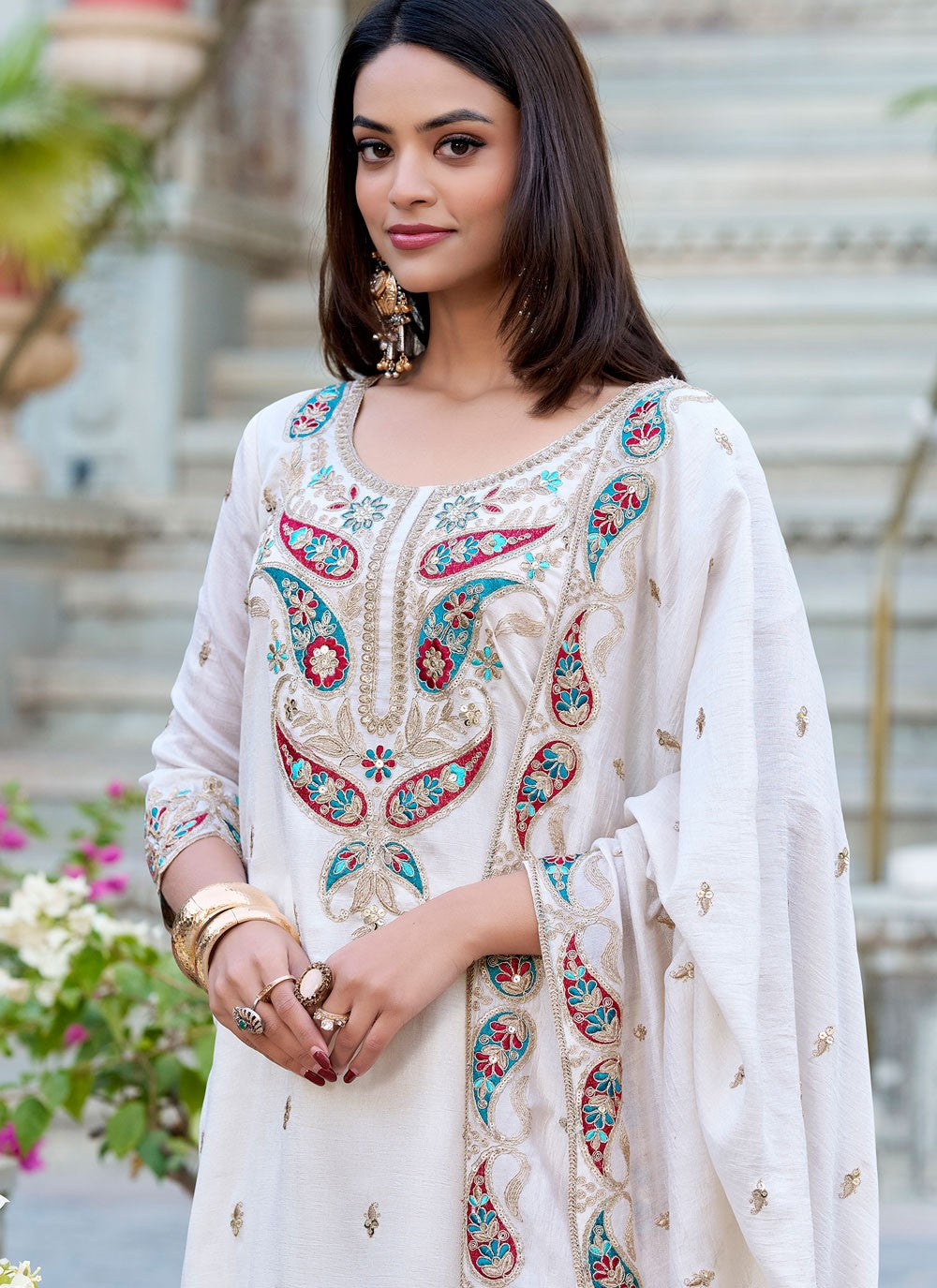 Embroidered Vichitra Silk Palazzo Suit - T4746