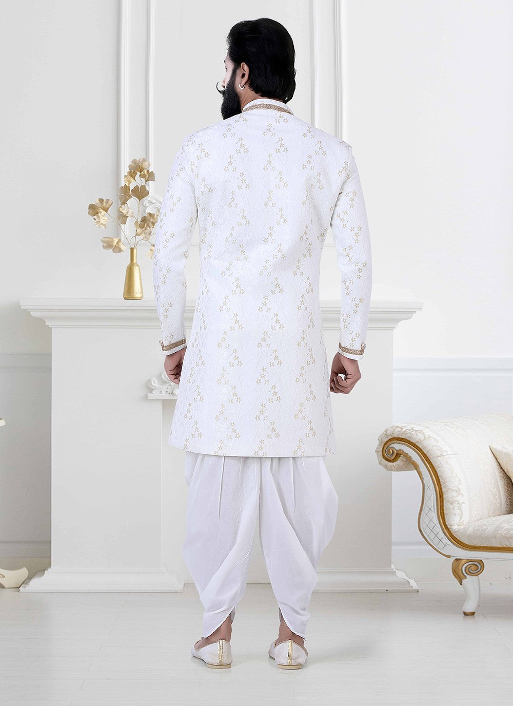 Woven Jacquard White Indo Western - M4194