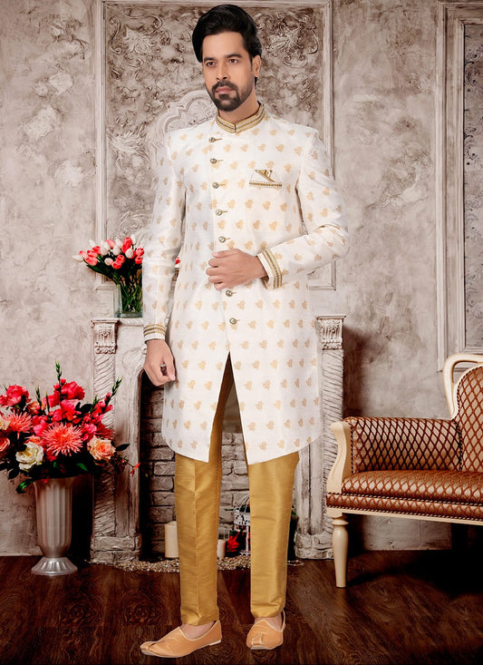 Hand Embroidery Fancy Fabric White Indo Western Sherwani - M2997