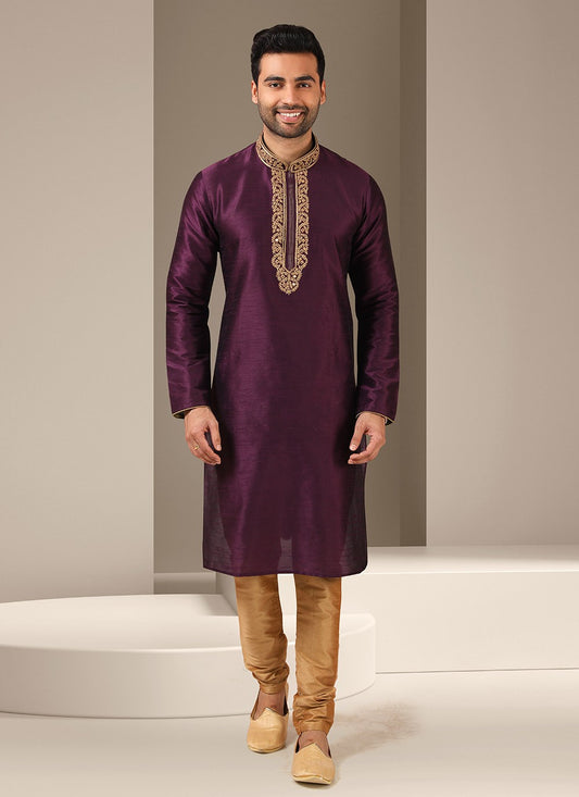 Embroidered Banarasi Silk Wine Kurta Pyjama - M3230