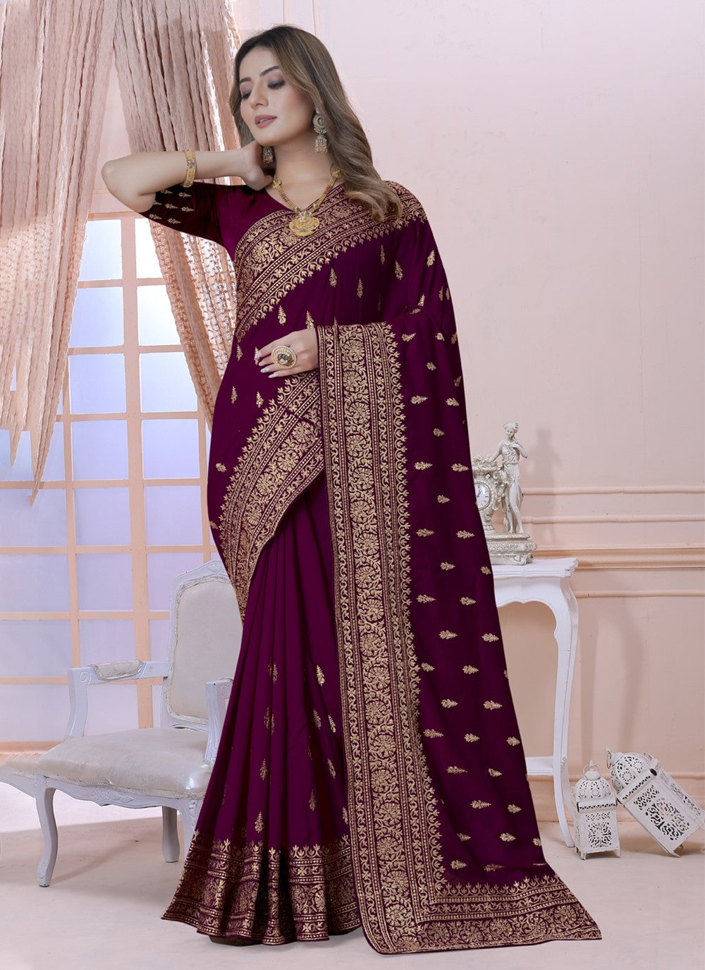 Classic Embroidered Vichitra Silk Saree - S3619