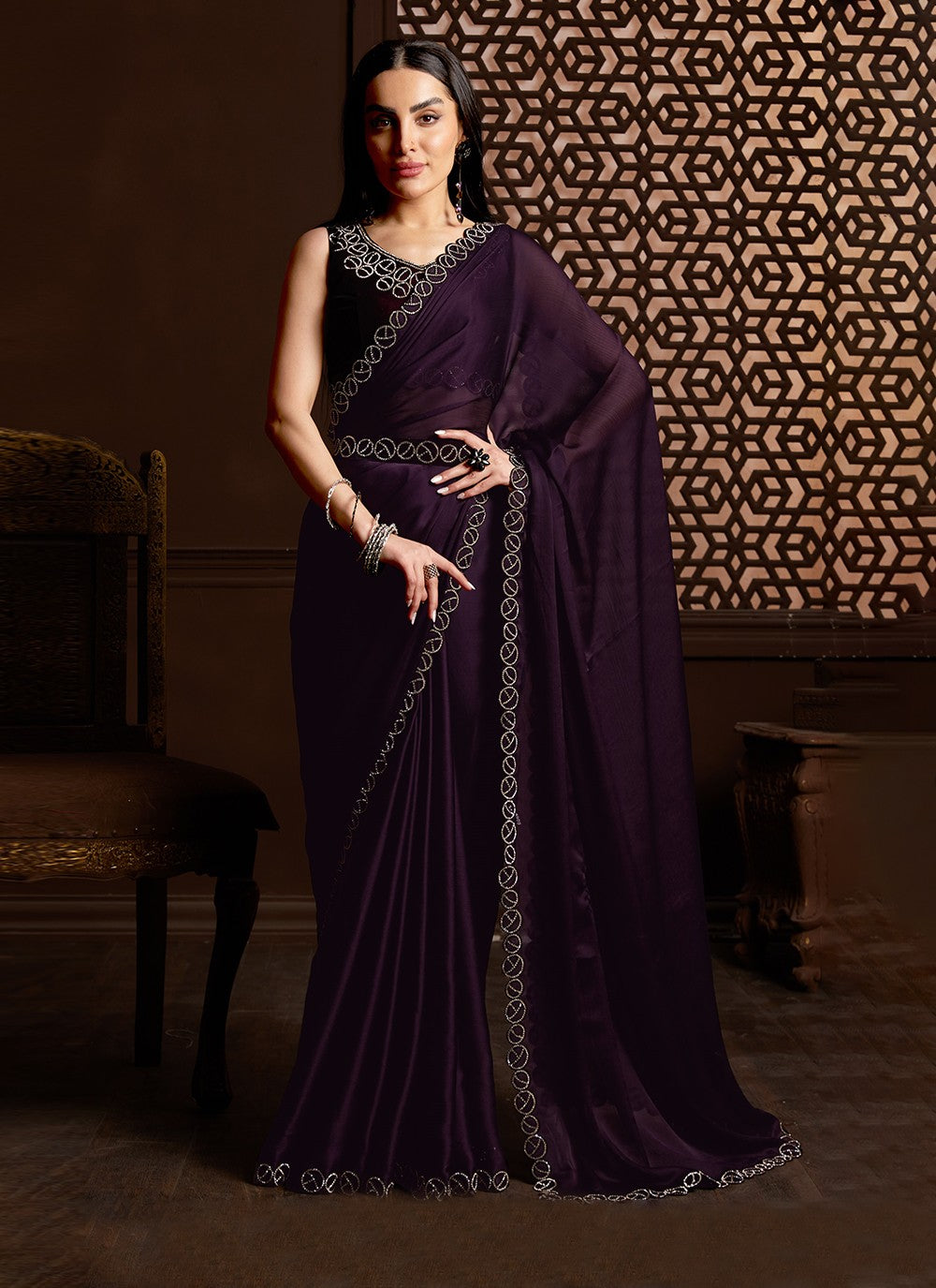 Saree Stones Chiffon, Satin Silk Saree - S3165