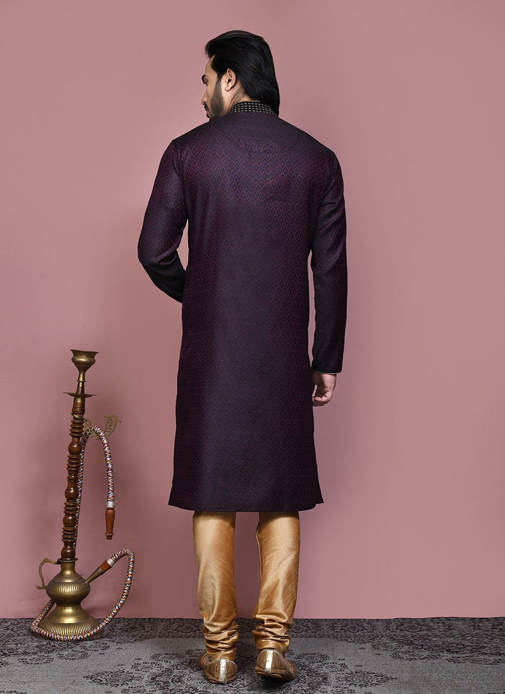 Resham Cotton Silk Wine Kurta Pyjama - M7892