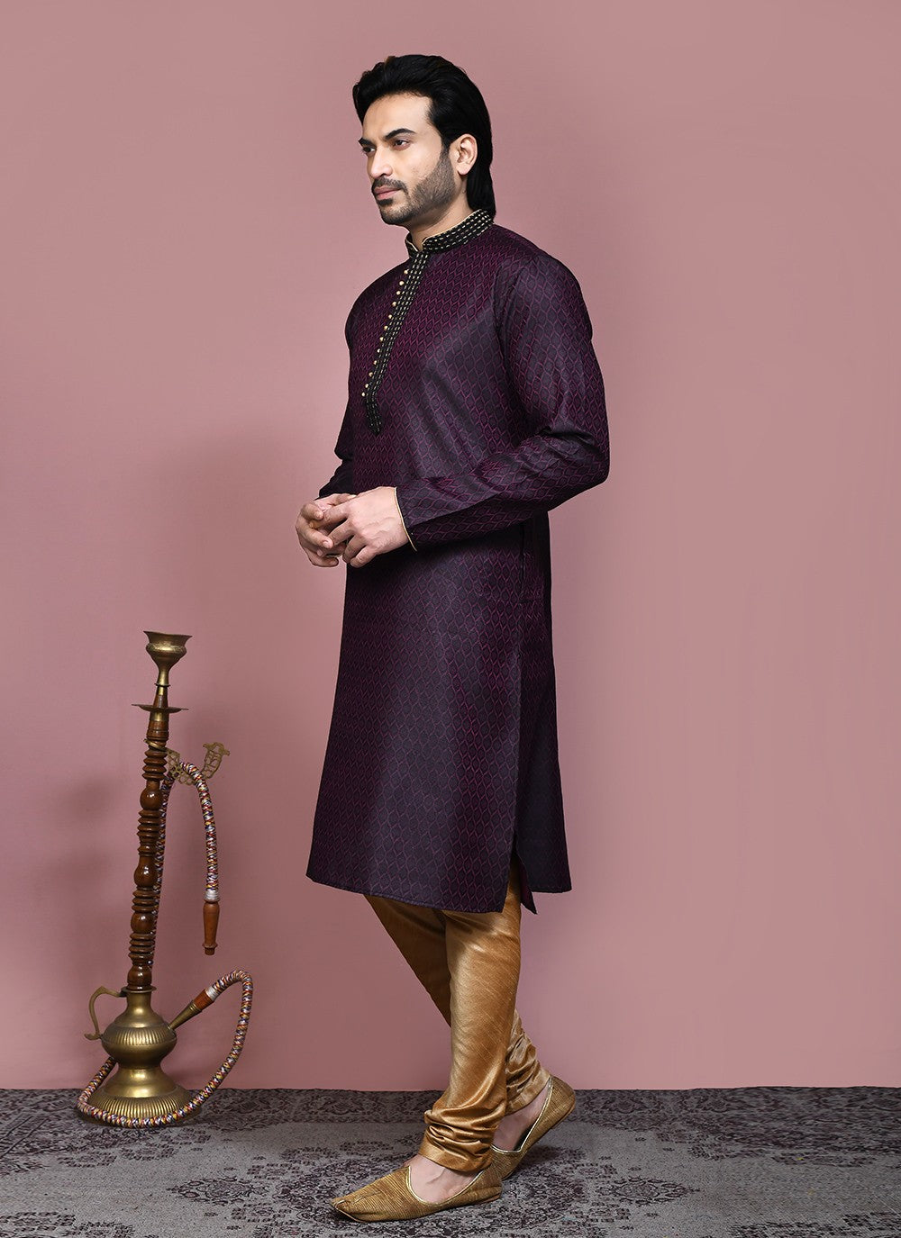 Resham Cotton Silk Wine Kurta Pyjama - M7892