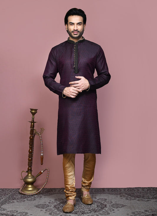 Resham Cotton Silk Wine Kurta Pyjama - M7892