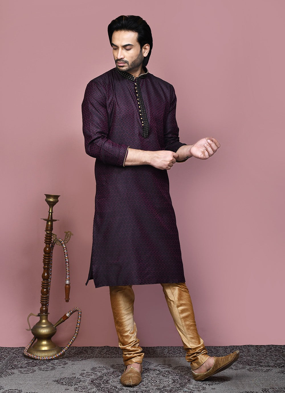 Resham Cotton Silk Wine Kurta Pyjama - M7892