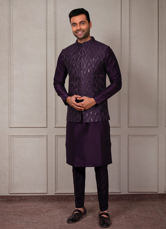 Embroidered Silk Wine Kurta Payjama With Jacket - M8363