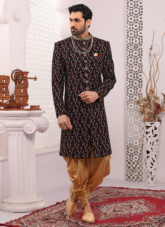 Embroidered Velvet Wine Sherwani - M3307