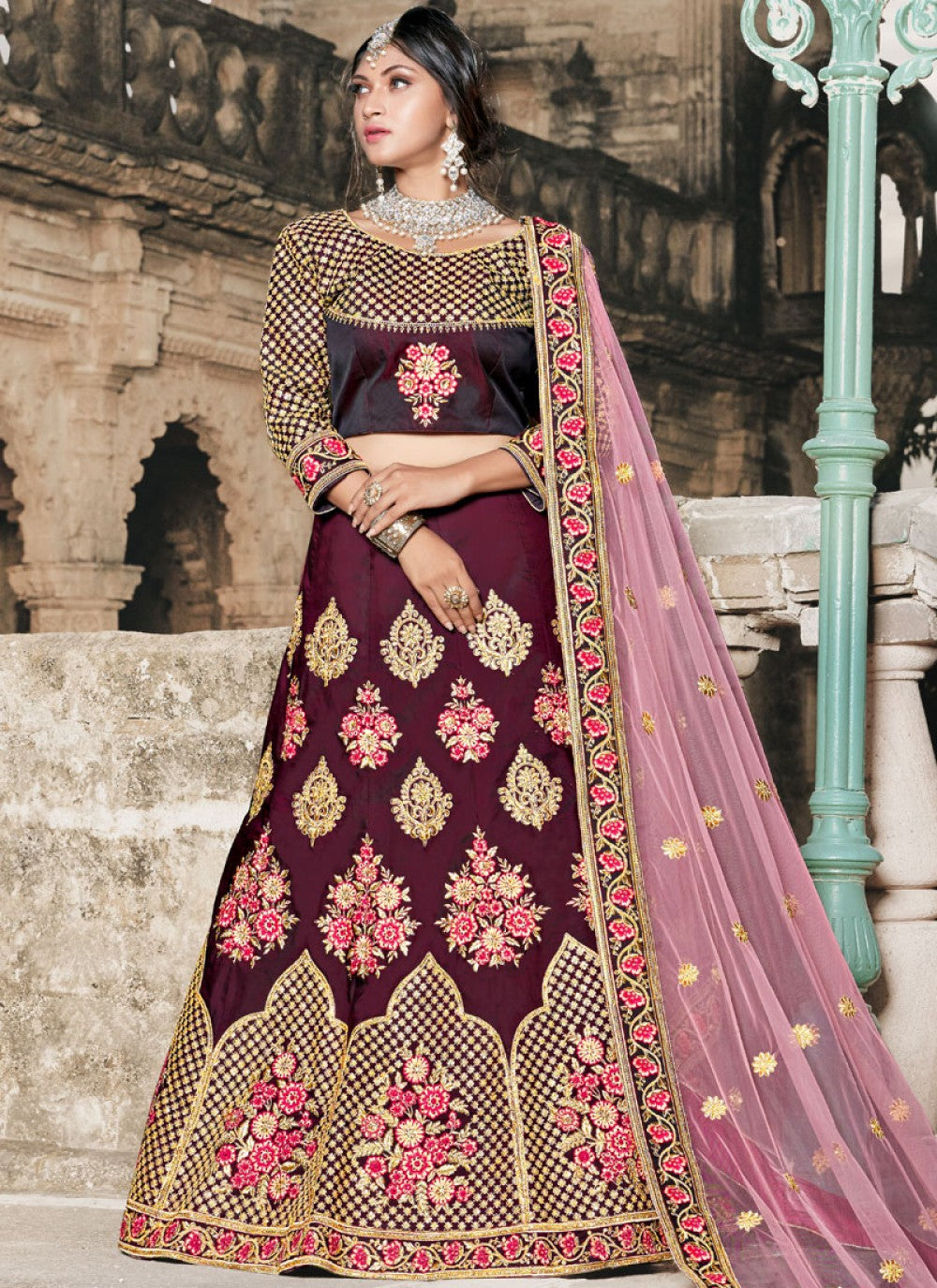 Embroidered Satin A - Line Lehenga - L0004