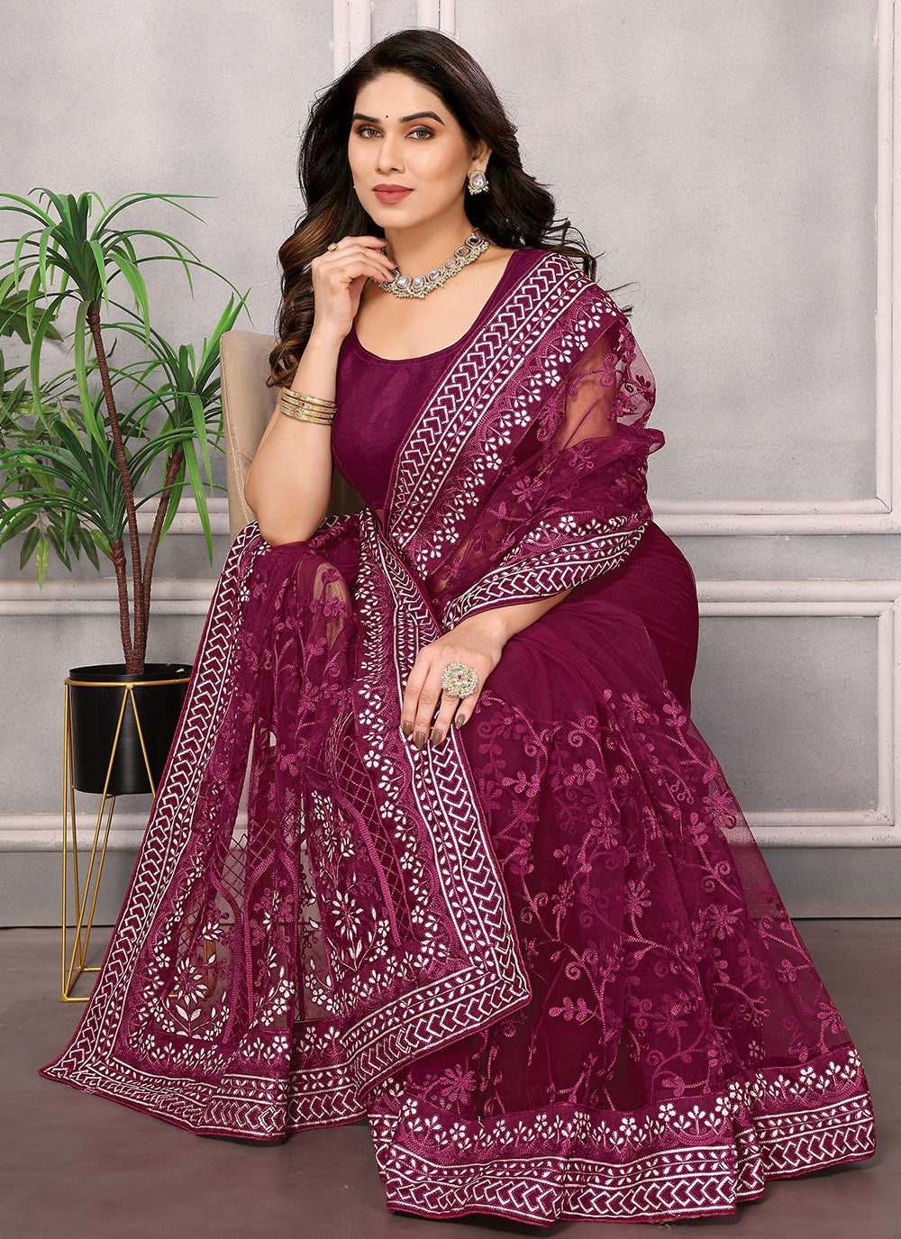 Classic Embroidered Net Saree - S5975