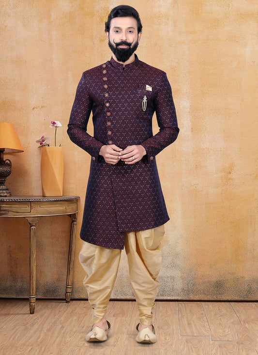 Fancy Work Jacquard Wine Dhoti Kurta - M3346