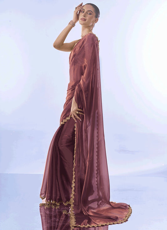 Designer Border Work Jimmy Chu Wine Saree - S10997