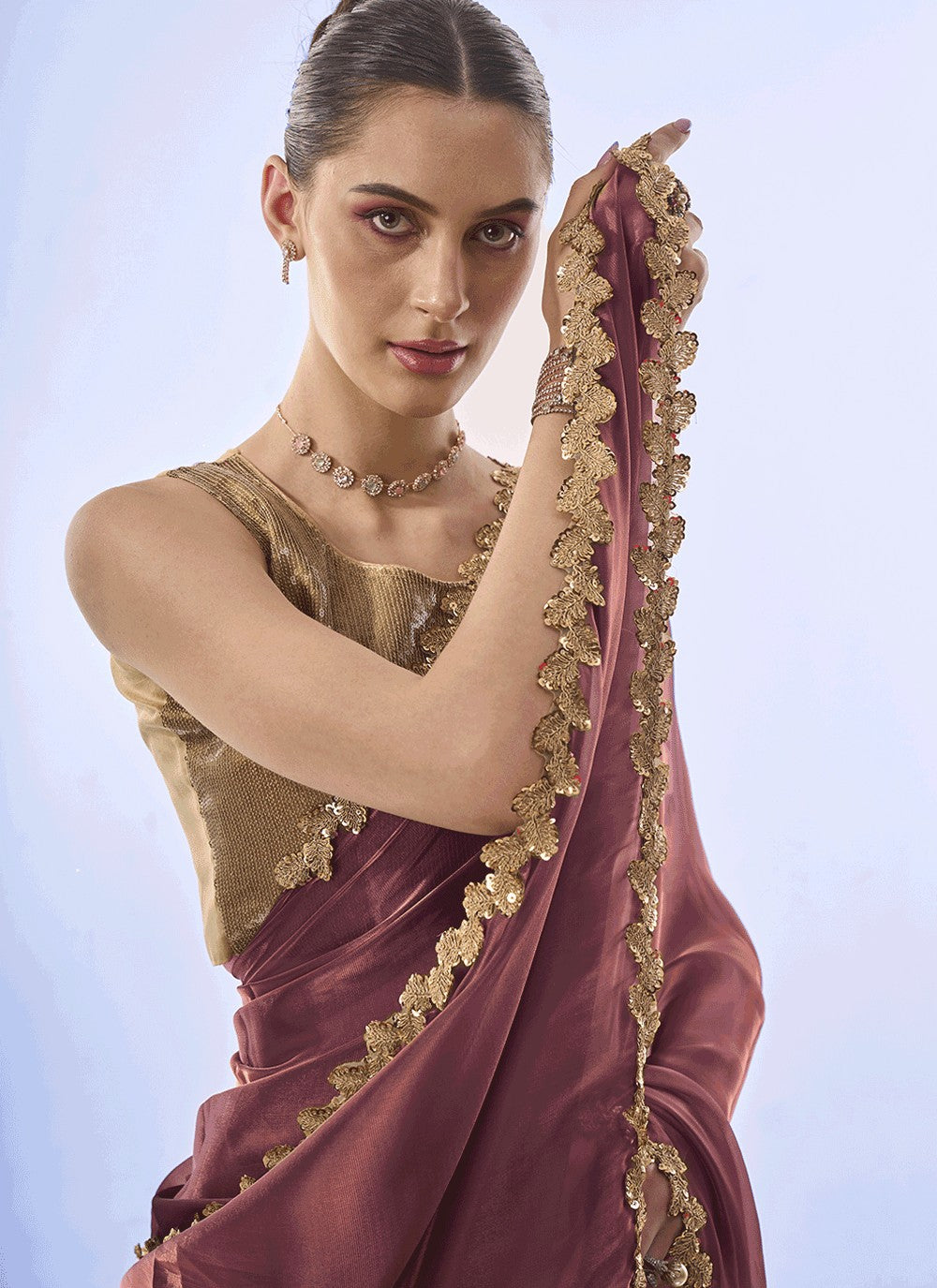 Designer Border Work Jimmy Chu Wine Saree - S10997