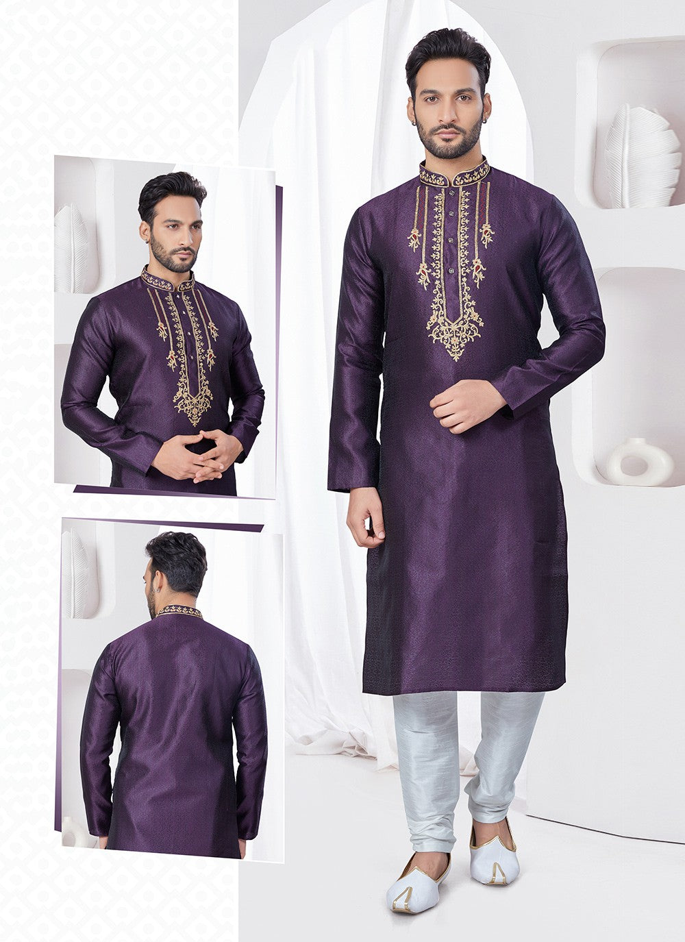 Machine Embroidery Jacquard Wine Kurta Pyjama - M7558