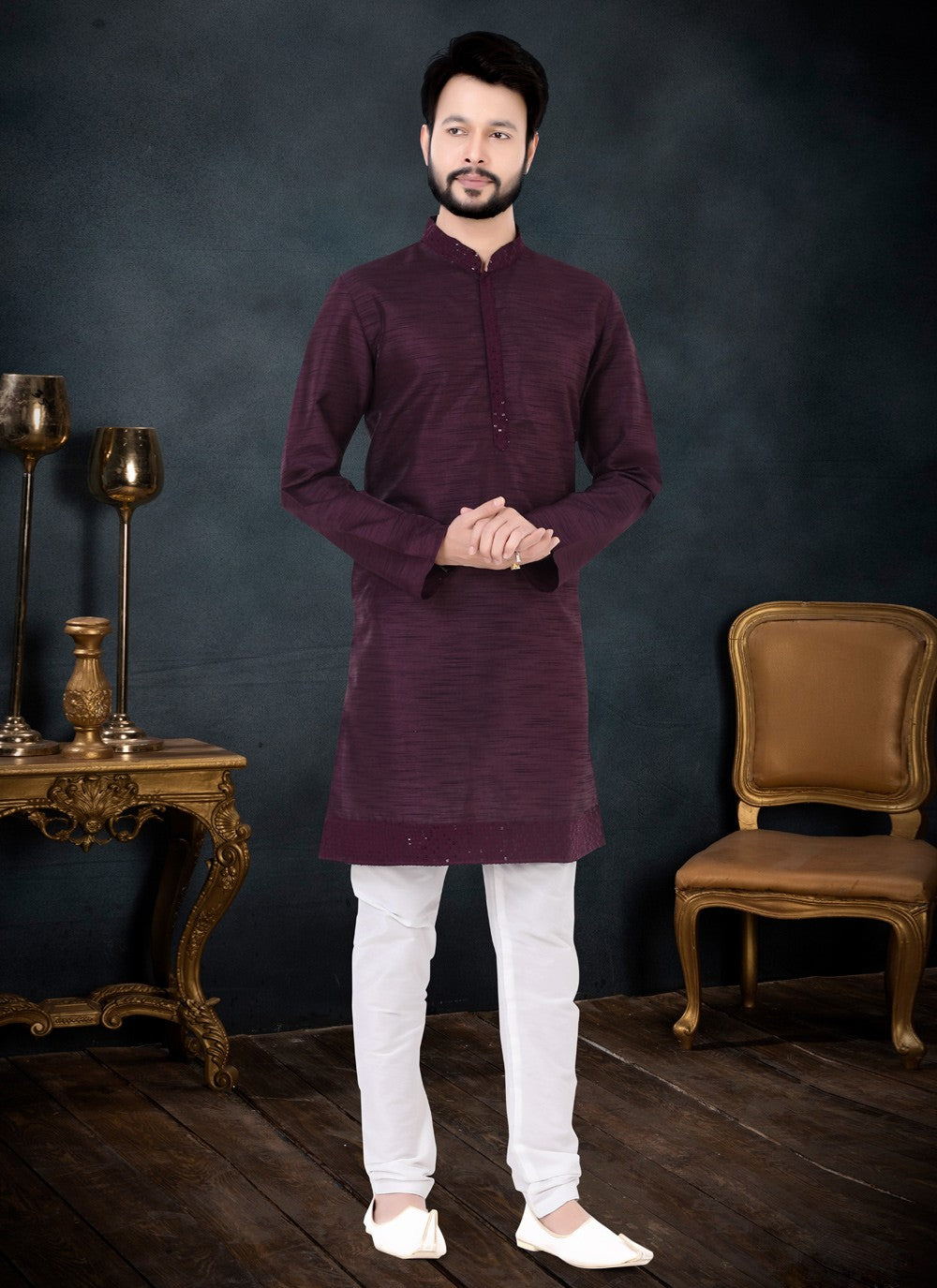 Plain Silk Wine Kurta Pyjama - M4444