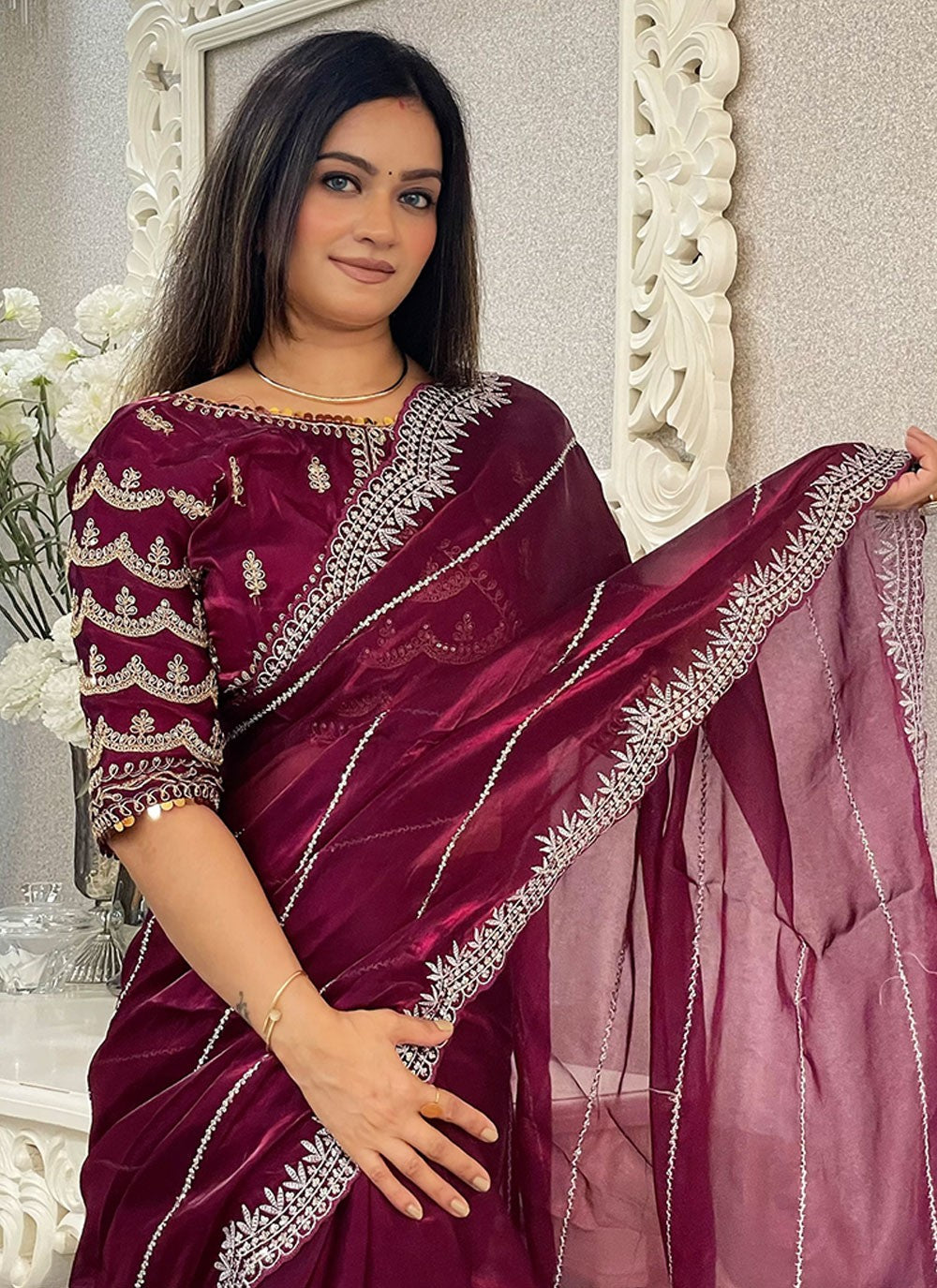 Classic Embroidered Net Saree - S6900