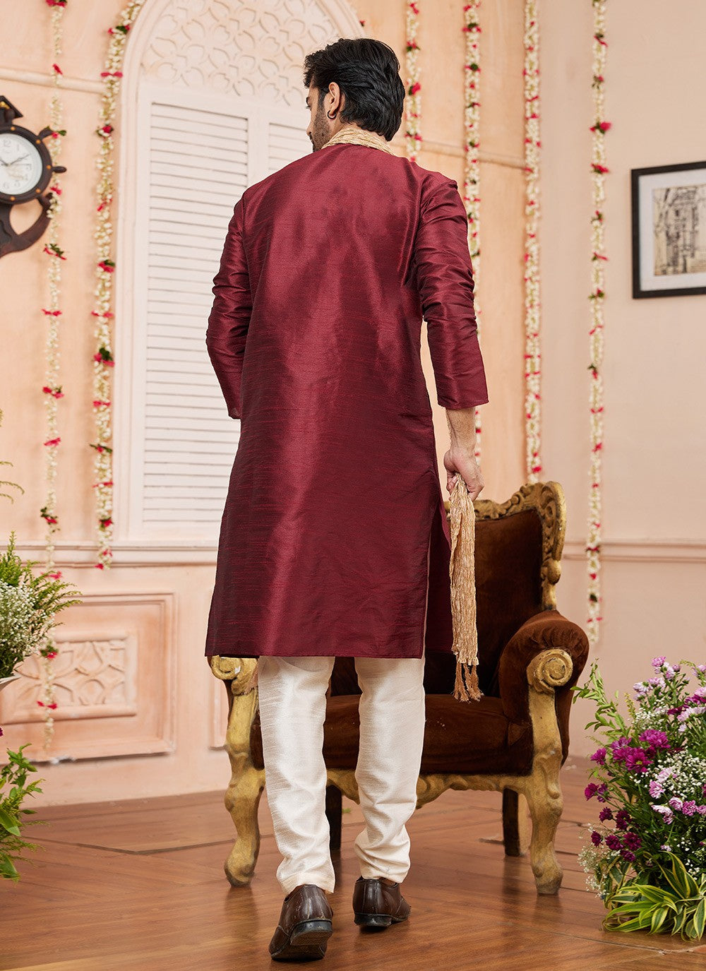 Plain Art Silk Wine Kurta Pyjama - M8737