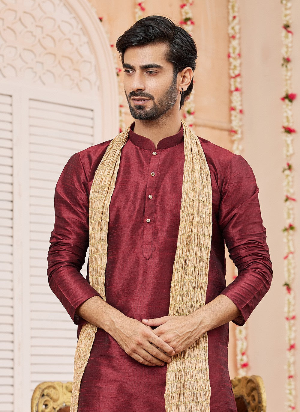 Plain Art Silk Wine Kurta Pyjama - M8737