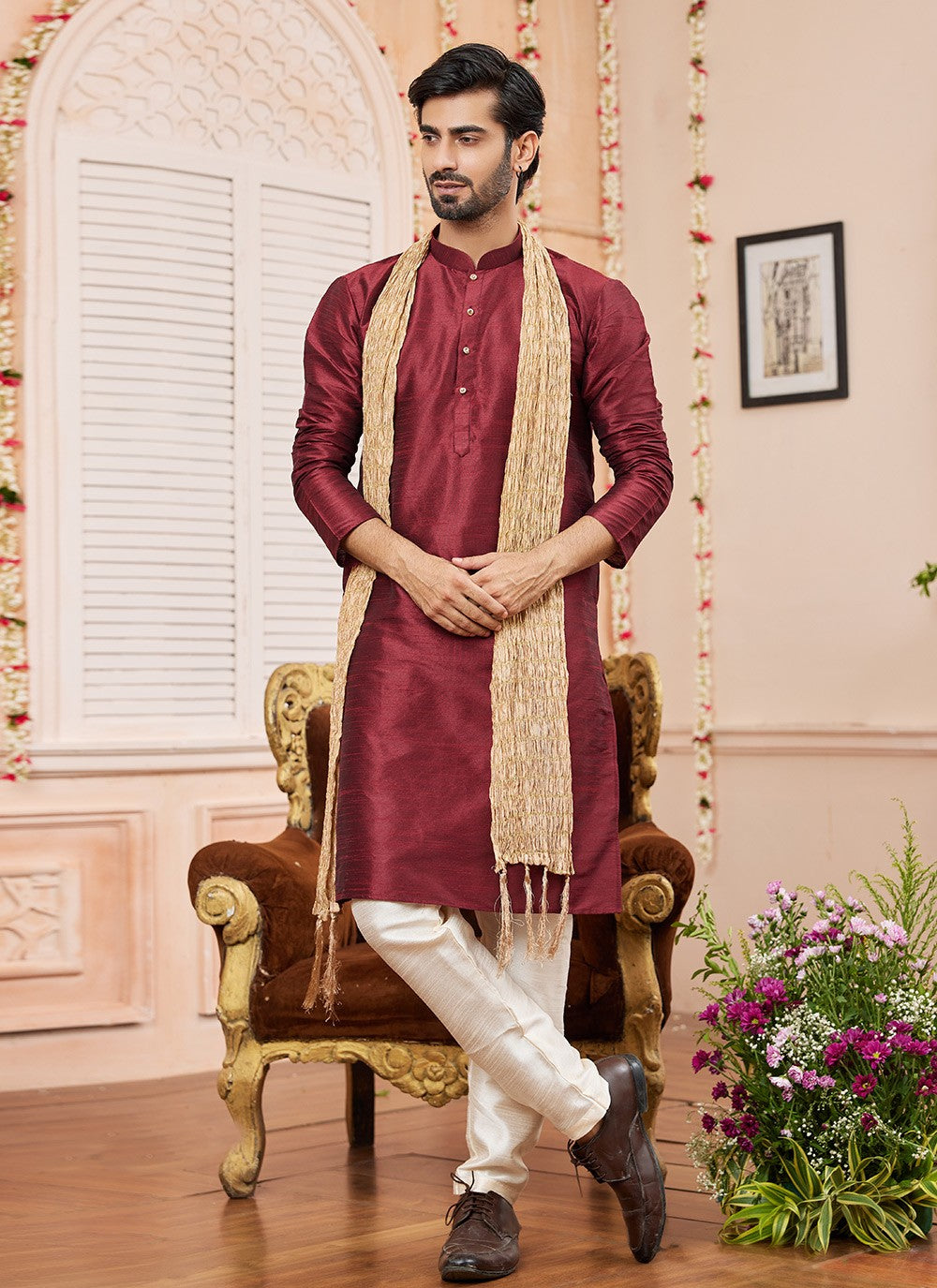 Plain Art Silk Wine Kurta Pyjama - M8737