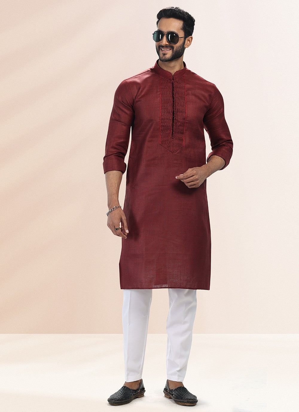 Plain Cotton , Linen Wine Kurta Pyjama - M4900