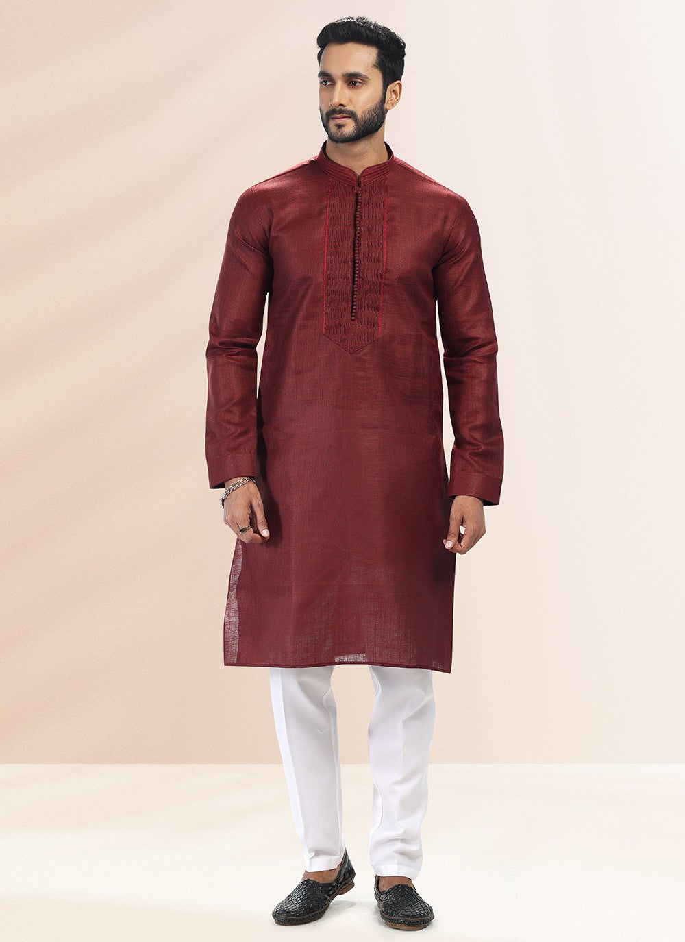 Plain Cotton , Linen Wine Kurta Pyjama - M4900