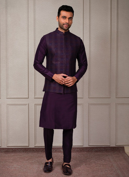 Embroidered Silk Wine Kurta Payjama With Jacket - M8364