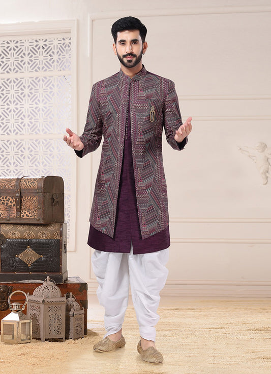 Embroidered Silk Wine Indo Western Sherwani - M4704