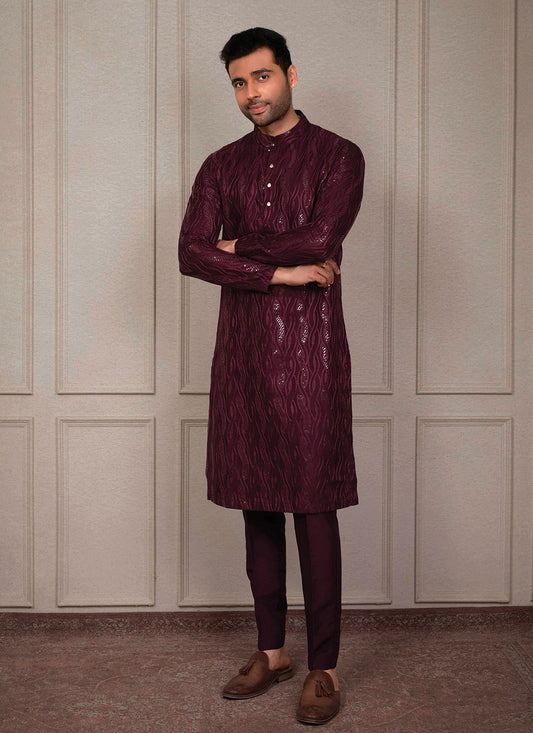 Embroidered Silk Wine Kurta Pyjama - M8394