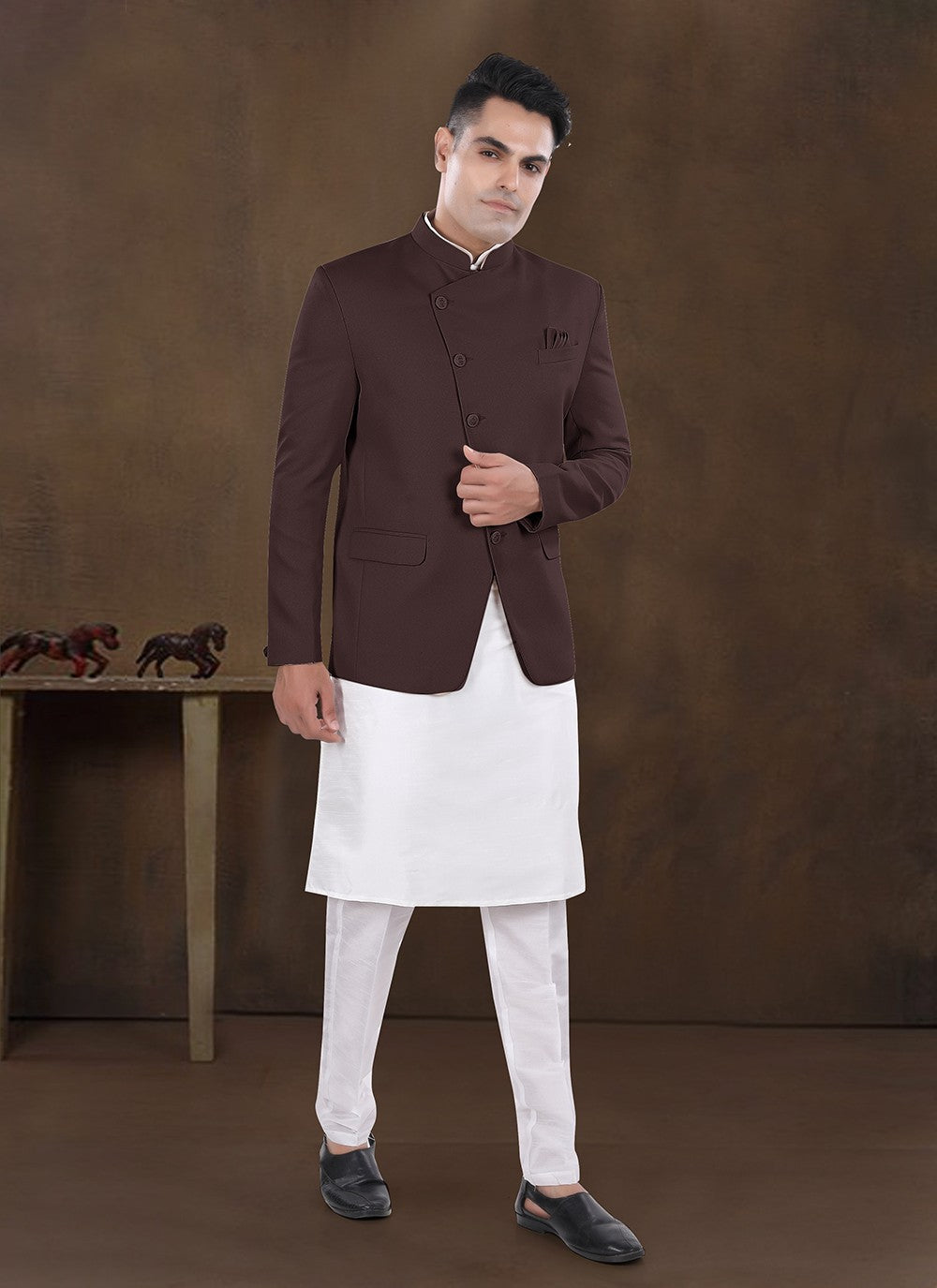 Plain Silk, Viscose Wine Kurta Payjama With Jacket - M8196