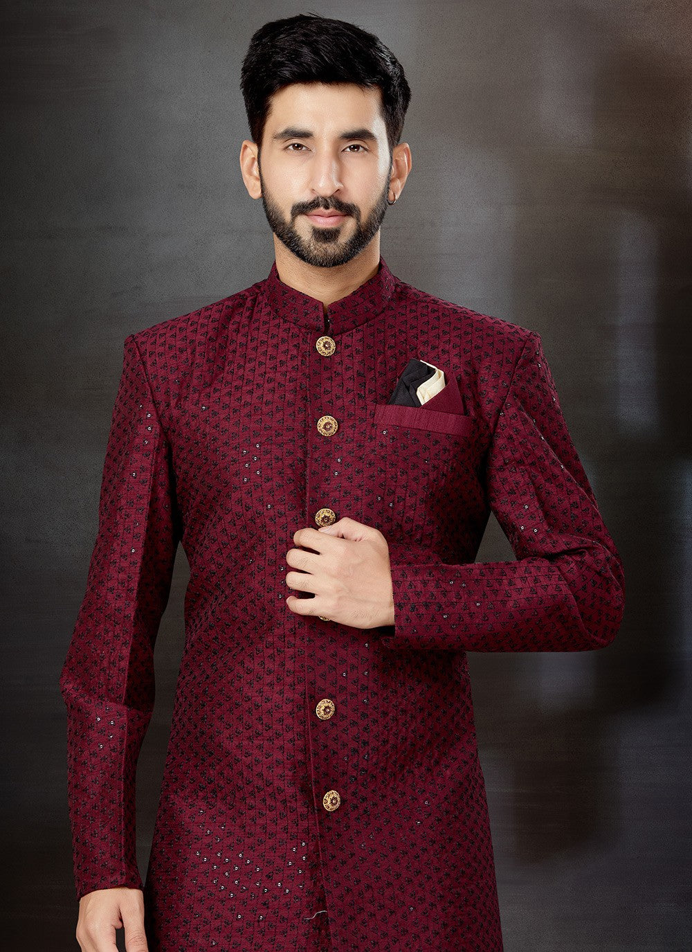 Embroidered Jacquard Wine Indo Western Sherwani - M4824