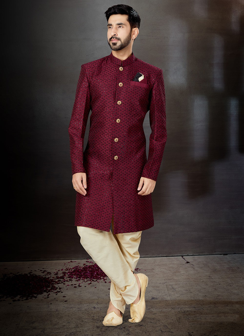 Embroidered Jacquard Wine Indo Western Sherwani - M4824