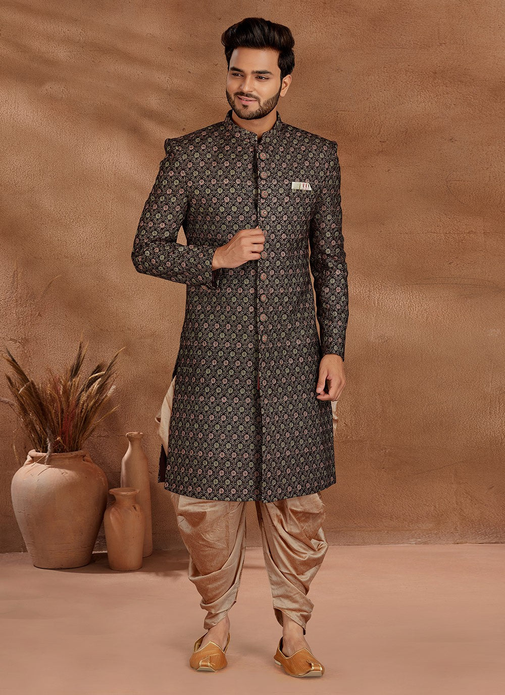 Embroidered Velvet Wine Indo Western Sherwani - M2794