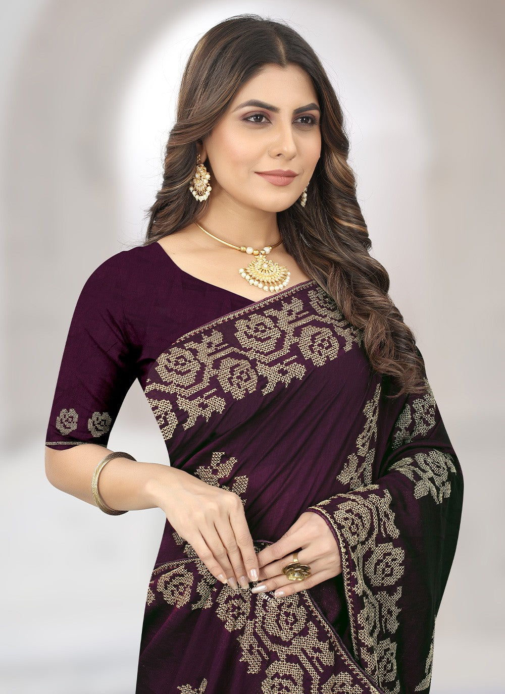 Contemporary Embroidered Vichitra Silk Saree - S2757