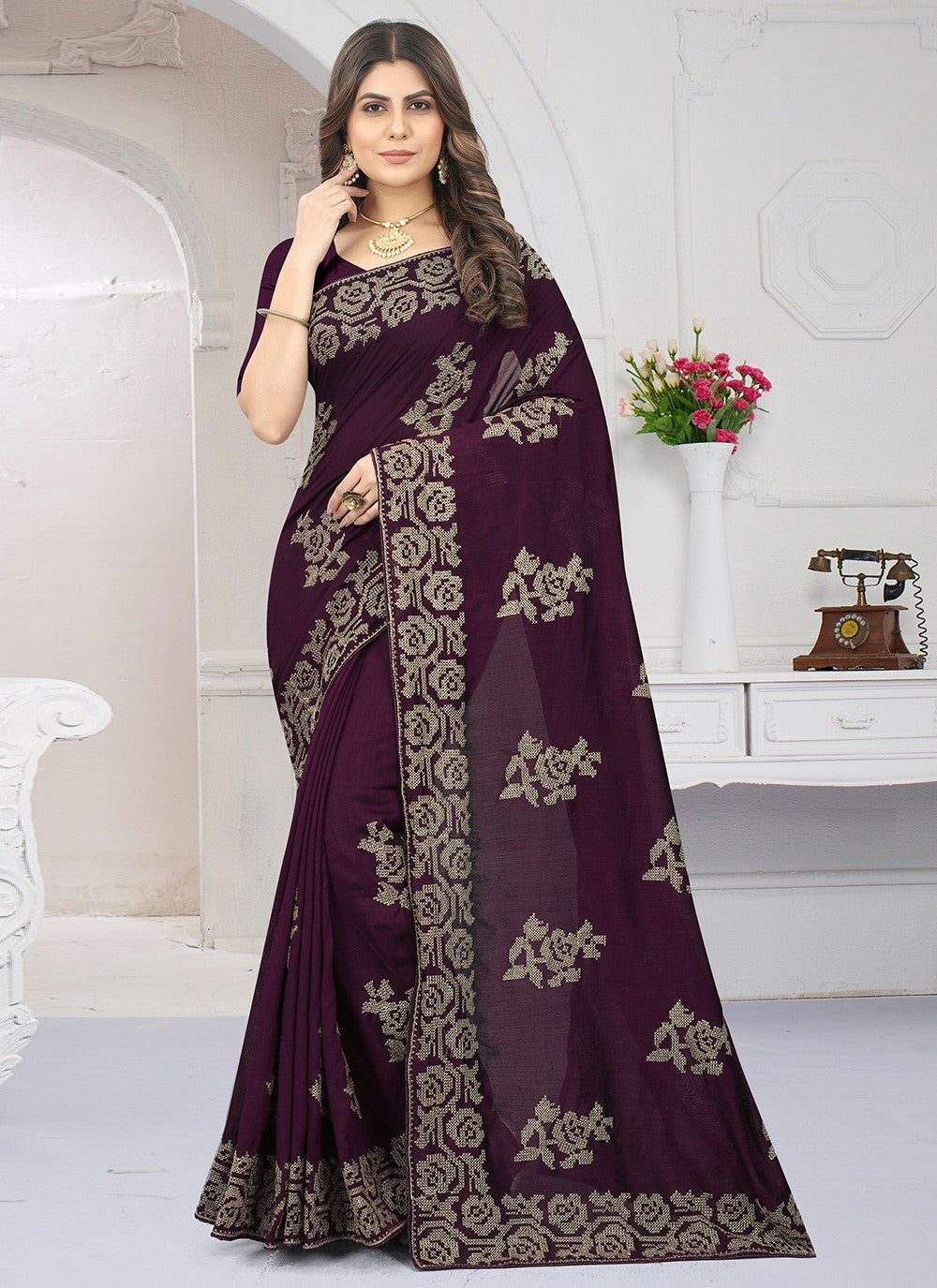 Contemporary Embroidered Vichitra Silk Saree - S2757