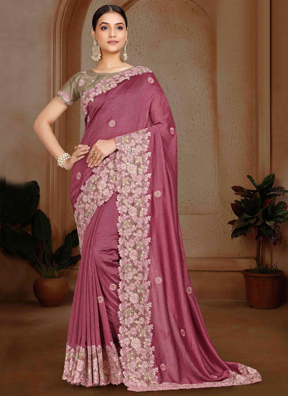 Border Work, Cut Work, Embroidered, Moti, Stones Art Silk Saree - S12121