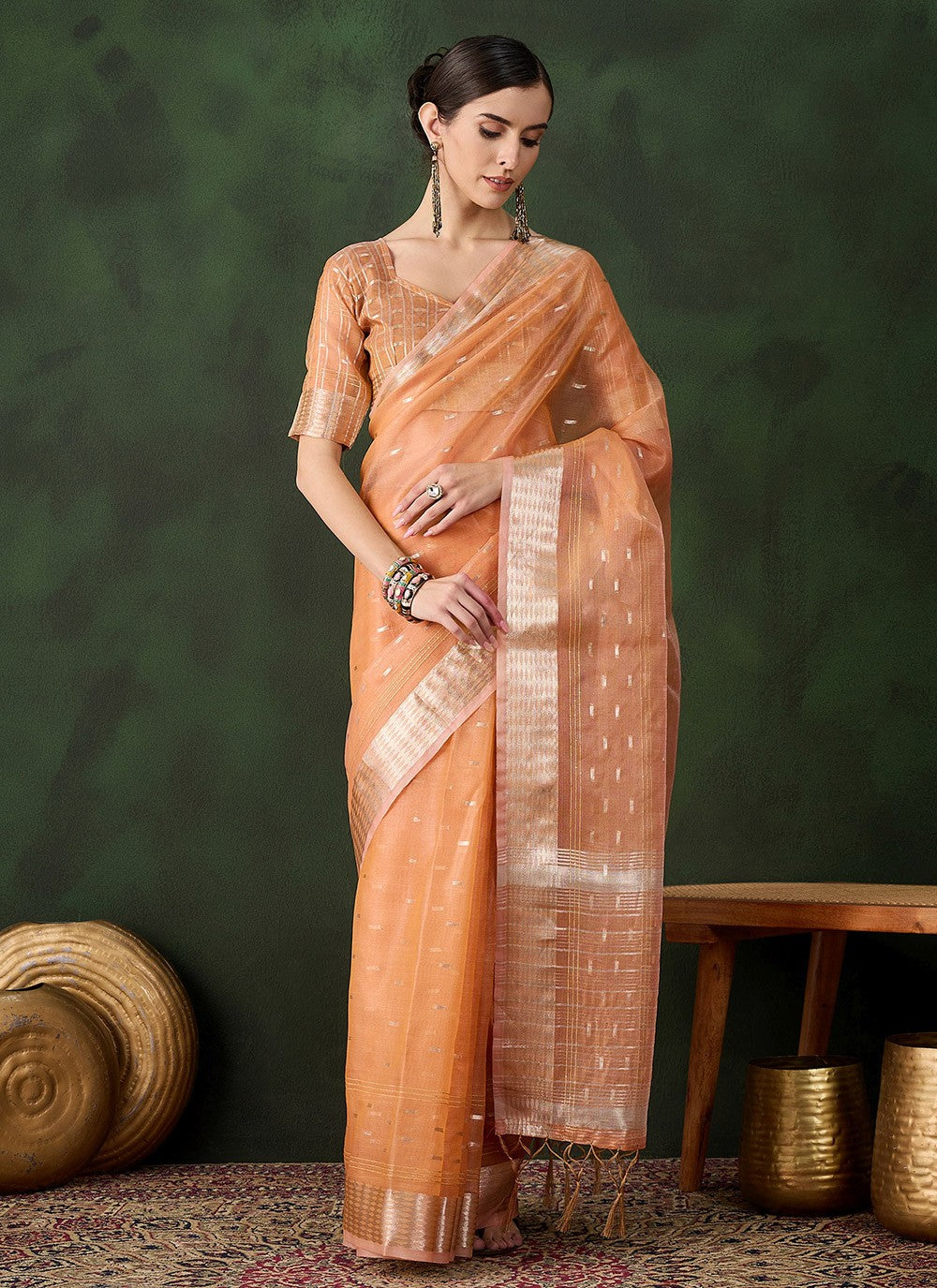 Contemporary Jacquard Work Khadi, Organza Saree - S10486