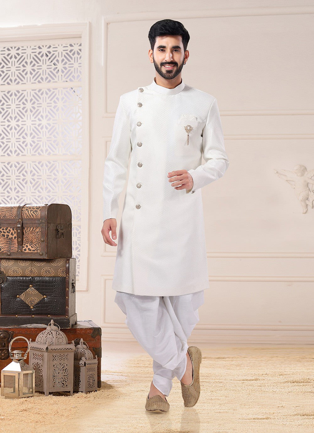 Woven Jacquard Off White Indo Western Sherwani - M4722